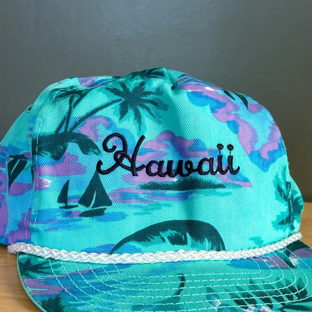 Vintage Hawaii Tropical Floral Teal Purple Rope Brim Snapback Hat